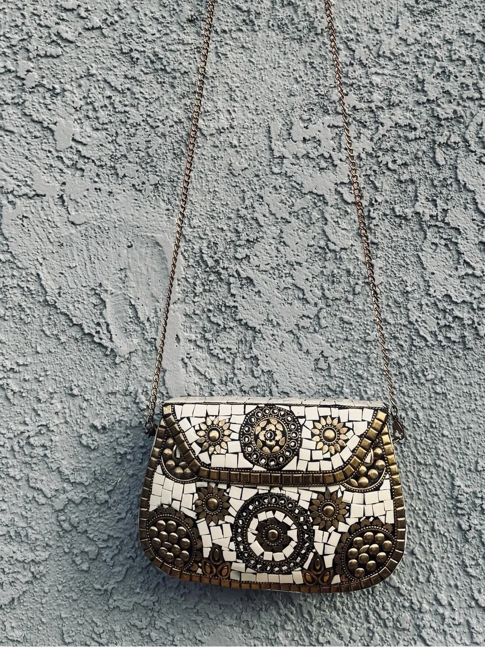 Antik Kraft Handmade White and Gold Mosaic Metal Clutch Bag |Artisanal Crossbody - Picture 4 of 9